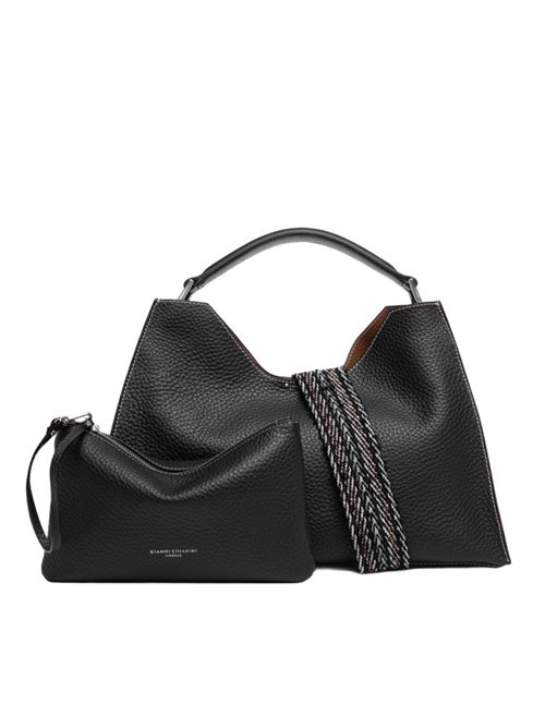 Borsa da donna in pelle martellata a spalla/tracolla con tracolla removibile, colore nero/castoro GIANNI CHIARINI | 10566RNGDBLNASPM12565